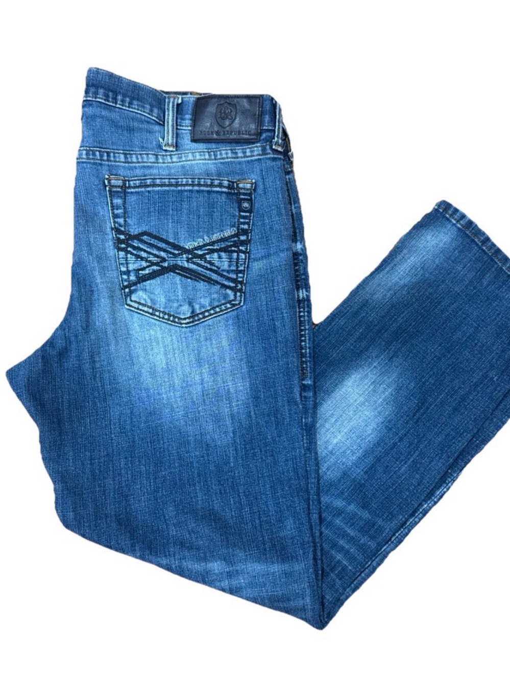 Rock & Republic Men’s Jeans 38x32 Straight Fit Blue Denim Distressed Wash
